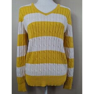 St Johns Bay Cable Knit Sweater Women's Size Medium Yellow / White Y2K V-Neck